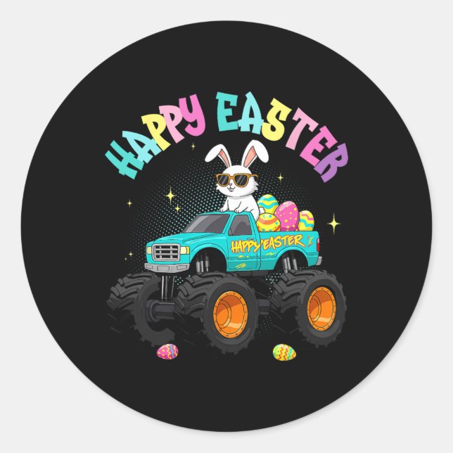 Cute Bunny Monster Truck Happy Easter For Kids Boy Classic Round Sticker (Front)