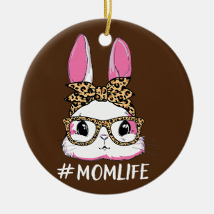 Cute Bunny Mum Life Leopard Messy Bun Glasses Ceramic Ornament
