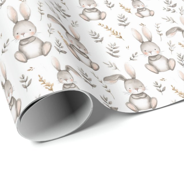 Cute Bunny Neutral Grey Baby's Wrapping Paper (Roll Corner)