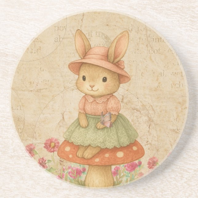 Cute Bunny on Mushroom | Pastel Coaster (Front)