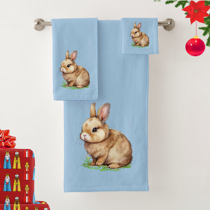 Cute Bunny on Wondrous Light Blue Bath Towel Set