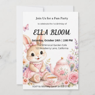 Cute Bunny Party 1st Birthday Invitation
