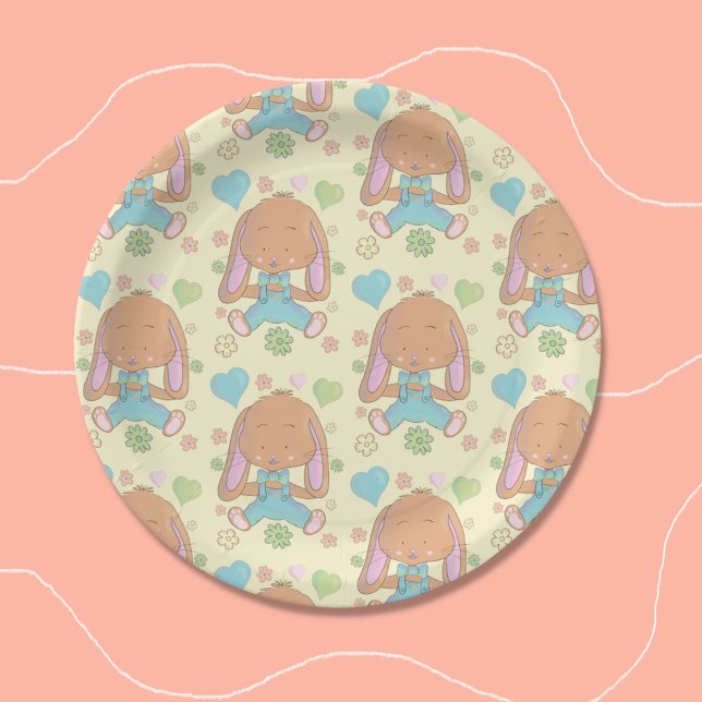 Cute Bunny Pattern Yellow Round Paper Plate (Cute watercolor bunny pattern yellow round paper plates .)