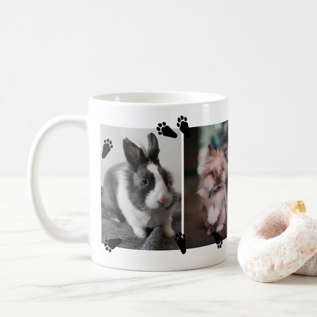 Cute Bunny Paw Prints Four Pet Rabbit Photos Coffee Mug (With Donut)