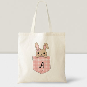 Cute Bunny Peeking from Pocket with initial Tote Bag