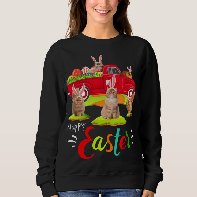 Cute Bunny Persian Cats Riding Red Truck Happy Eas Sweatshirt (Front)