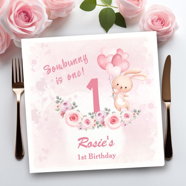 Cute Bunny Pink 1st Birthday Girl Floral Spring Napkin (Cute Bunny Pink 1st Birthday Girl Floral Spring Napkins)