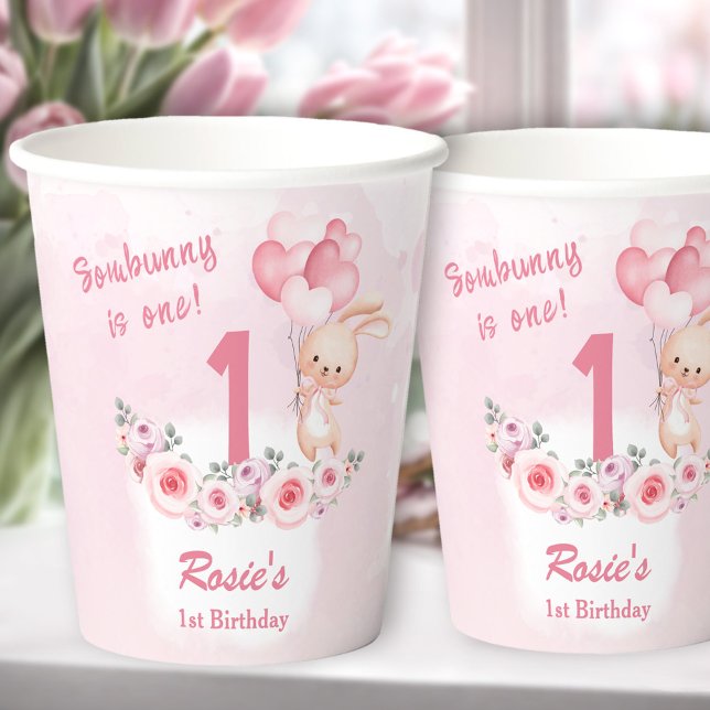 Cute Bunny Pink 1st Birthday Girl Floral Spring Paper Cups (Cute Bunny Pink 1st Birthday Girl Floral Spring Paper Cups)
