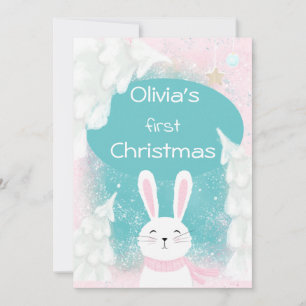 Cute Bunny Pink and Mint First Christmas Holiday Card