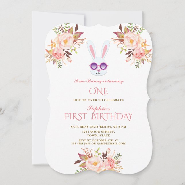 Cute Bunny Pink Blush Flowers Girl 1st Birthday Invitation (Front)