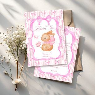 Cute Bunny pink bow border girls baby shower Thank You Card