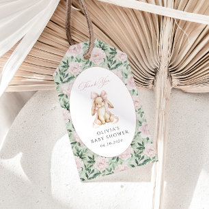 Cute Bunny, Pink Bow, Pink Flowers, Baby Shower Gift Tags