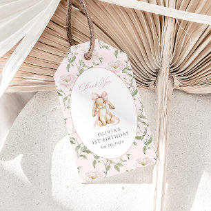 Cute Bunny, Pink Bow, Pink Flowers, First Birthday Gift Tags