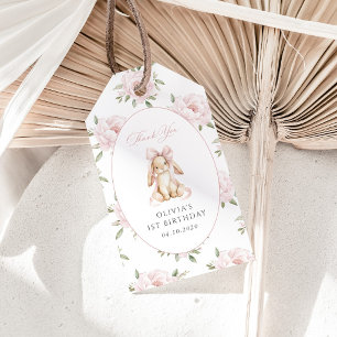 Cute Bunny, Pink Bow, Pink Flowers, First Birthday Gift Tags