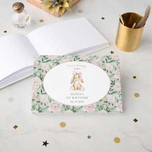 Cute Bunny, Pink Bow, Pink Flowers, First Birthday Guest Book