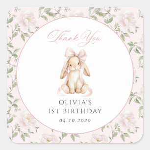 Cute Bunny, Pink Bow, Pink Flowers, First Birthday Square Sticker