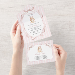 Cute Bunny, Pink Bow, Pink Stripes, Baby Shower All In One Invitation