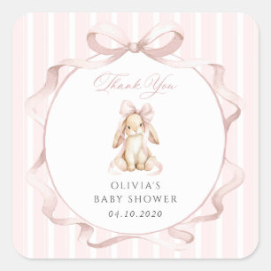 Cute Bunny, Pink Bow, Pink Stripes, Baby Shower Square Sticker