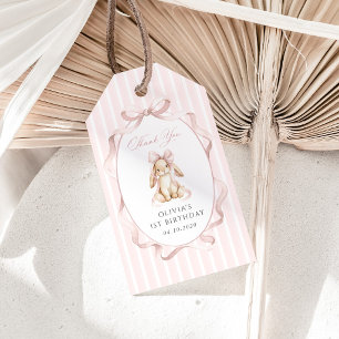 Cute Bunny, Pink Bow, Pink Stripes, First Birthday Gift Tags