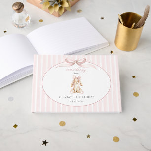 Cute Bunny, Pink Bow, Pink Stripes, First Birthday Guest Book