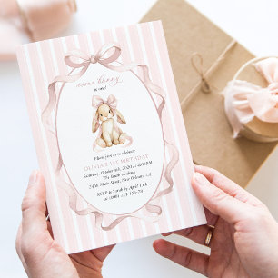 Cute Bunny, Pink Bow, Pink Stripes, First Birthday Invitation