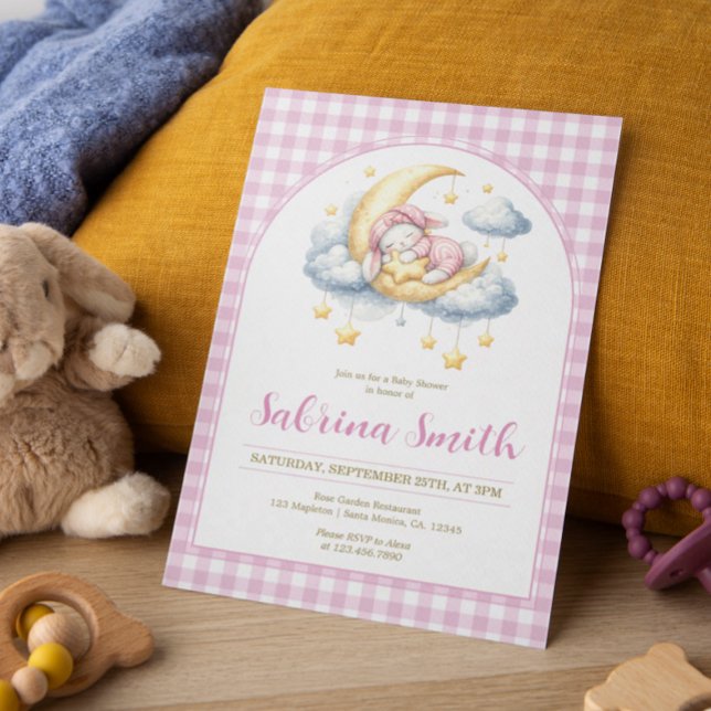 Cute Bunny Pink Boy Girl Moon Star Baby Shower  Invitation (Creator Uploaded)