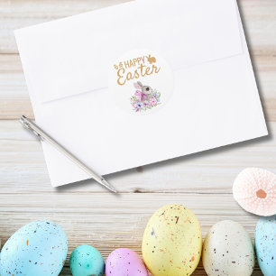 Cute Bunny Pink Floral Gold Glitter Happy Easter Classic Round Sticker