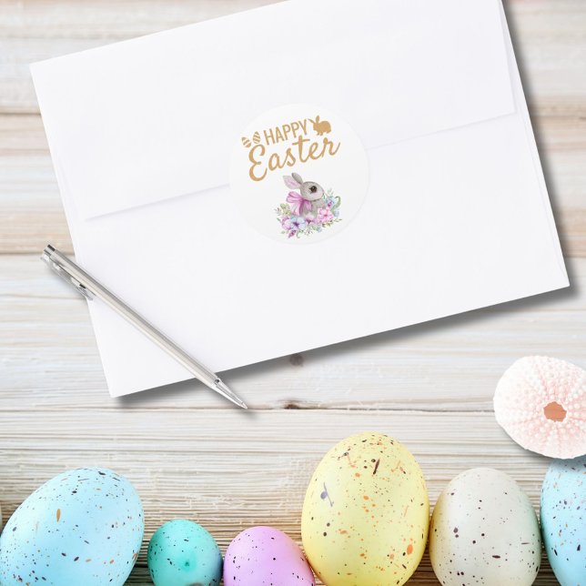 Cute Bunny Pink Floral Gold Glitter Happy Easter Classic Round Sticker (Creator Uploaded)