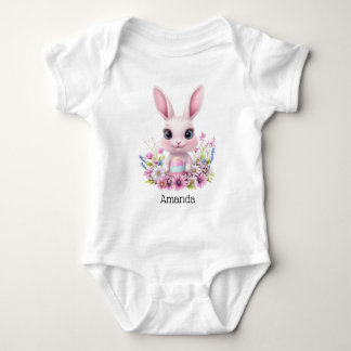 Cute Bunny Pink Flowers with Easter Egg Baby Bodysuit