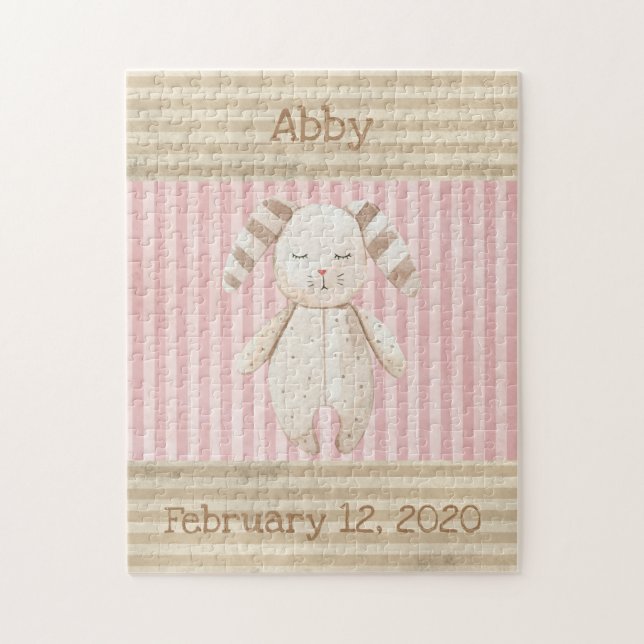 Cute Bunny Pink Girl Keepsake Birth Stats Jigsaw Puzzle (Vertical)
