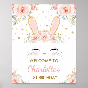 Cute Bunny Pink Gold Floral Easter Rabbit Welcome Poster
