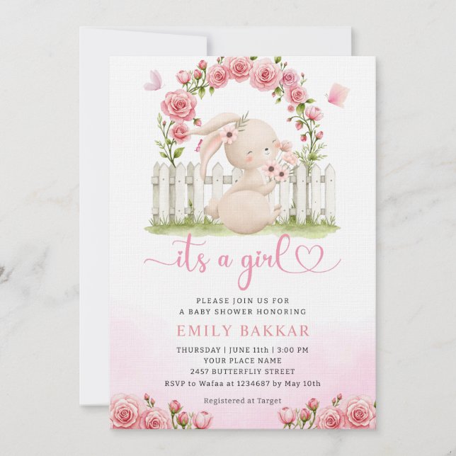 Cute Bunny Pink Watercolor Boho Girl Baby Shower  Invitation (Front)