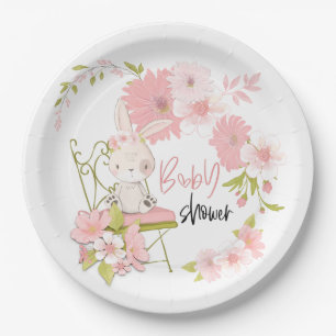 Cute Bunny Pink White Floral Frame Baby Shower Paper Plate