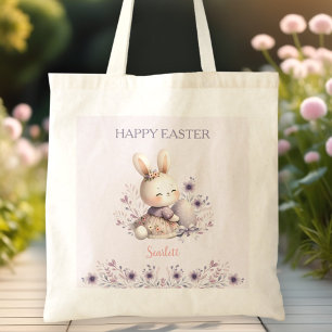 Cute Bunny Purple Floral Name Egg Hunt Easter Tote Bag