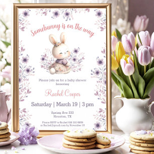Cute Bunny Purple Pink Floral Girl Baby Shower Invitation