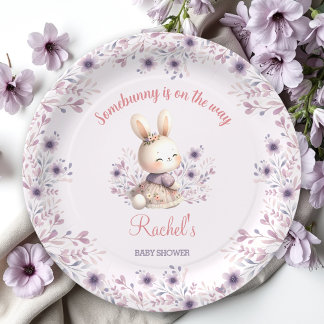 Cute Bunny Purple Spring Floral Girl Baby Shower Paper Plate