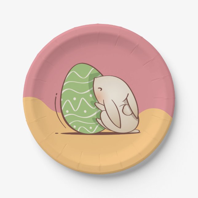 Cute Bunny pushing Green Easter Egg Paper Plate (Front)