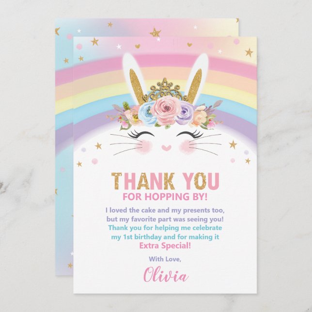 Cute Bunny Rabbit 1st Birthday Girl Thank You Card (Front/Back)