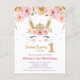 Cute Bunny Rabbit 1st Birthday Pink Floral Invitation Postcard
