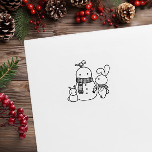 Cute Bunny Rabbit Adding Carrot to a Snowman 1x1 Rubber Stamp