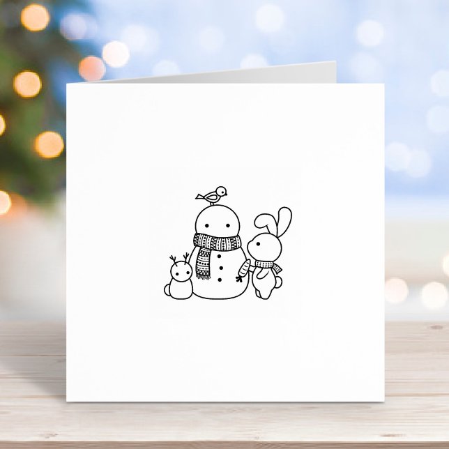 Cute Bunny Rabbit Adding Carrot to a Snowman 1x1 Rubber Stamp (Creator Uploaded)