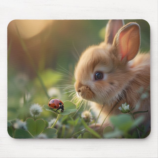 Cute bunny rabbit and a ladybug on the green field mouse pad (Front)