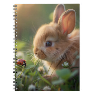 Cute bunny rabbit and a ladybug on the green field notebook
