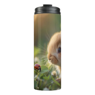 Cute bunny rabbit and a ladybug on the green field thermal tumbler