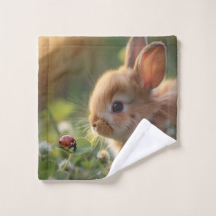 Cute bunny rabbit and a ladybug on the green field wash cloth
