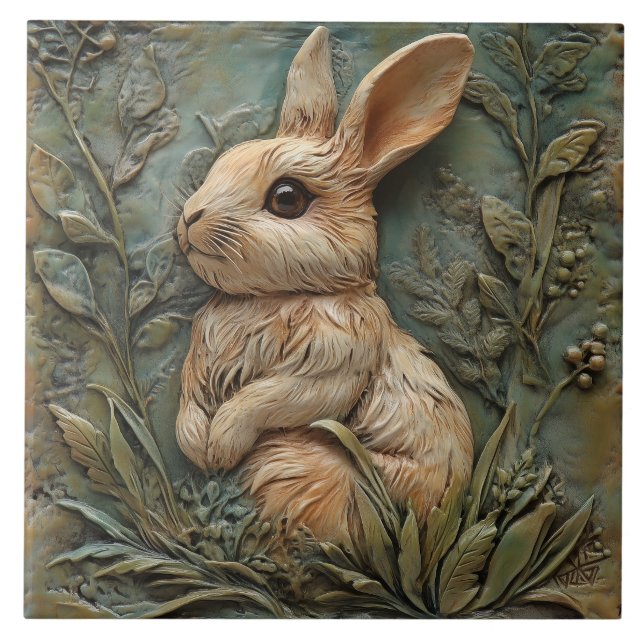 Cute Bunny Rabbit and Flowers Faux Relief Ceramic Tile (Front)