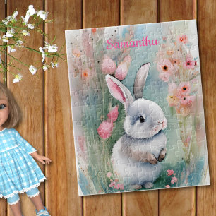 Cute Bunny Rabbit and Watercolor Spring Flowers Jigsaw Puzzle