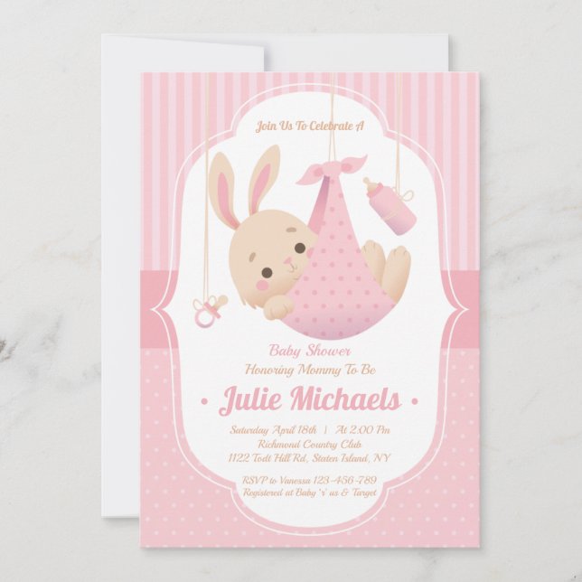 Cute Bunny Rabbit Baby Shower Girl Invitation (Front)