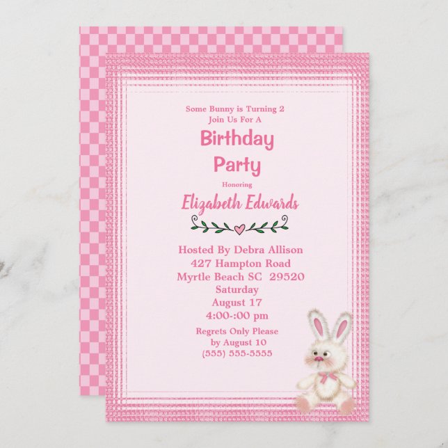 Cute Bunny Rabbit Birthday Party Invitation (Front/Back)