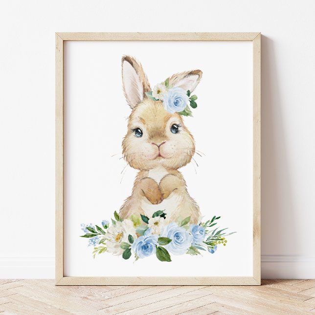 Cute Bunny, Rabbit, Blue Flowers, Boy Nursery Photo Print (Creator Uploaded)